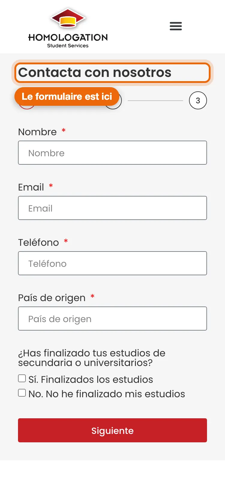 Formulaire Contacta con nosotros, écran 1 vide