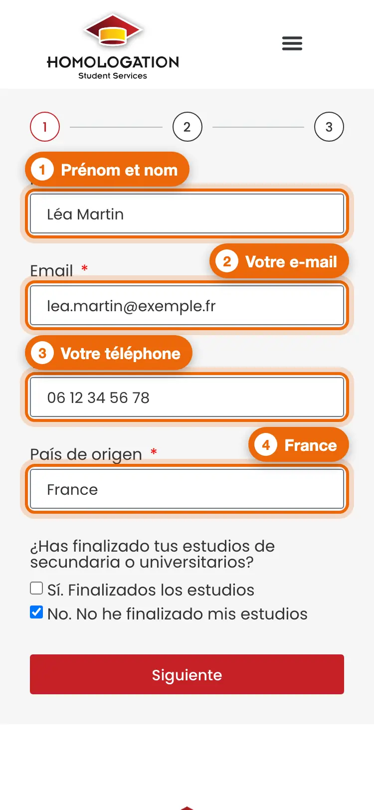 Écran 1 rempli avec un exemple : Léa Martin, e-mail, téléphone, France