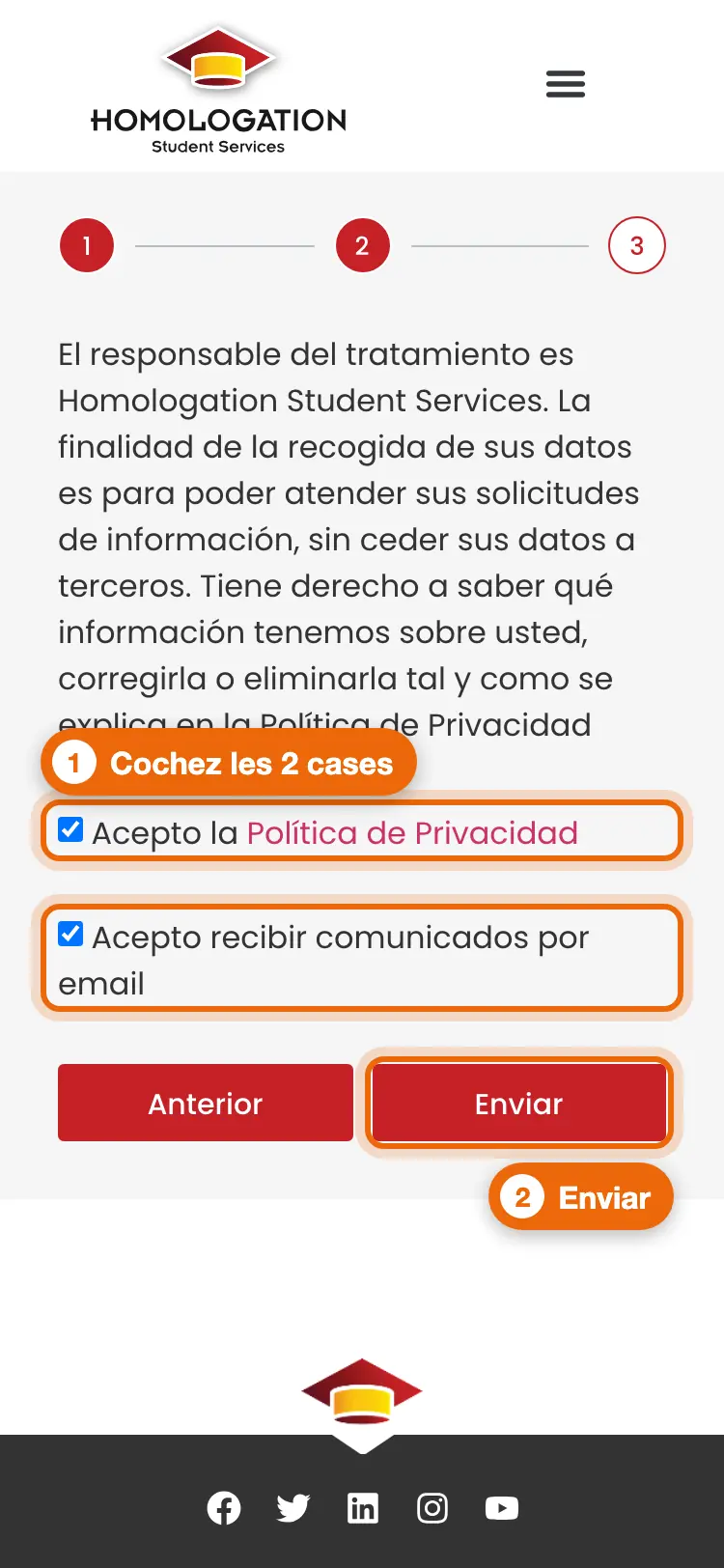 Écran 3 : deux cases cochées et bouton Enviar